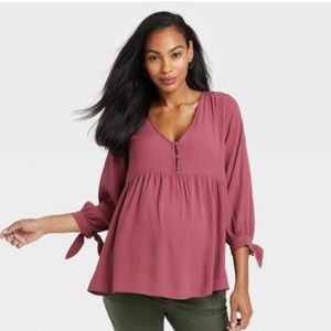 The Nines by Hatch Tie 3/4 Sleeve Crepe Maternity Blouse in Rose Pink